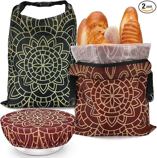 2 Pack Reusable Bread Bags for Homemade Bread, 17"×13" Sourdough Bread Storage Bags with Bowl Cover - Keep Loaf Fresh and Easy to Wash(Brown Diamond)