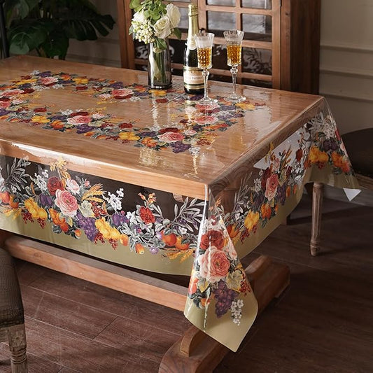 Clear Table Cover Protector Vinyl PVC Rectangle Table Cloth Oil Spill Proof Plastic Tablecloths for Dining Tables Parties Holidays (Floral Fruit, 60 x 120 Inches)