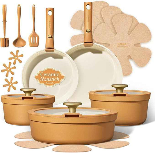 Carote 20pcs Ceramic Cookware Set with Detachable Handles, Pots and Pans Set Non Stick, RV Kitchen Cooking Pot and Pan, Dishwasher Safe, Non-toxic Induction Cookware PFAS and PFOA Free,Orange