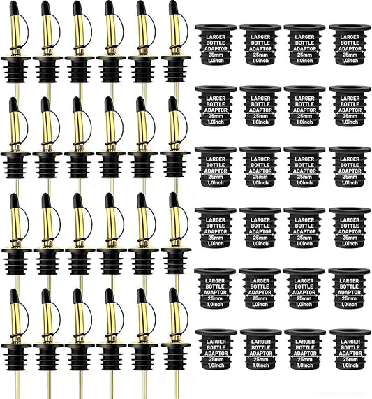 24-Pack Liquor Bottle Pourers with Adapters, Liquor Pour Spout Adapters set for for Large Olive Oil Bottles and Liquor Bottles - Up to 1 Inch/25mm Neck Converts Any Spout into a Large Pour Spout,Gold