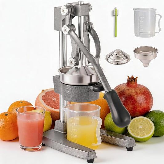 Cast Iron Juicer Manual Hand Press Squeezer for Citrus & Pomegranate – Easy to Clean Metal Juice Press with Stainless Steel Bowl, Ideal for Home Cooks, Health Enthusiasts, and Bartenders