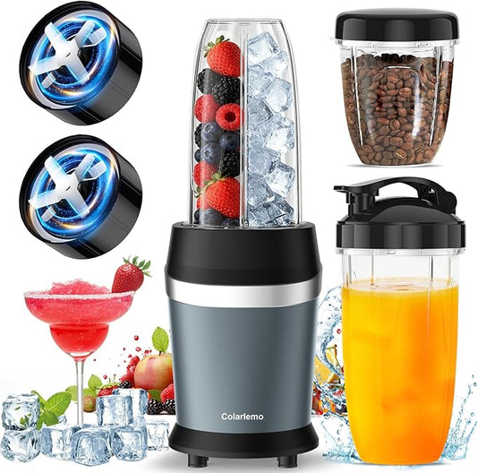 Colarlemo 12-Piece Smoothie Blender Maker 25,000 RPM Personal Blender for Ice Crushing Smoothies & Frozen Drinks Nuts with 23oz, 32oz, 37oz Portable Cups Two 6-Leaf Stainless Steel Blades, Ash Blue
