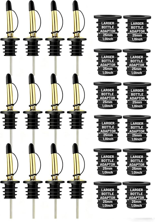 12-Pack Liquor Bottle Pourers with Adapters, Liquor Pour Spout Adapters set for for Large Olive Oil Bottles and Liquor Bottles - Up to 1 Inch/25mm Neck Converts Any Spout into a Large Pour Spout,Gold