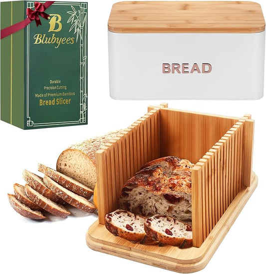 BLUBYEES Bamboo Bread Slicer for Homemade Bread with Crumb Tray & Storage Box – Adjustable Slicing Guide for Sourdough, Bagels & Sandwiches – Gift for Bakers & Bread Makers