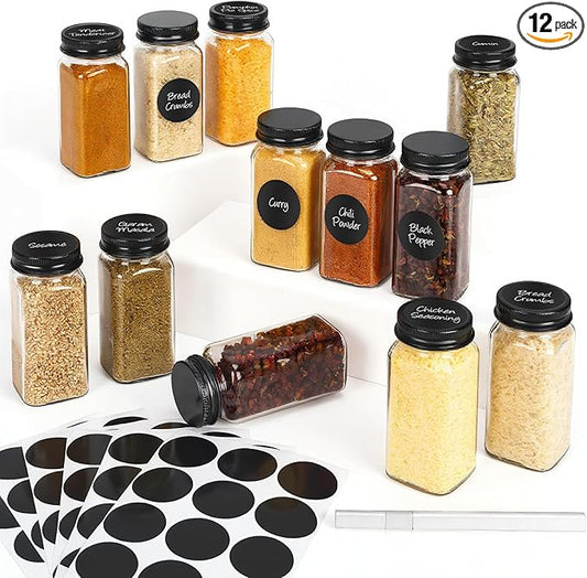 12Pcs Spice Jars with Label, 4oz Empty Square Seasoning Containers, Spice Jars with Shaker Lids, Small Spice Bottles for Salt, Herbs, Sugar, Pepper, Seasoning Jars for Spice Rack, Cabinet, or Drawer