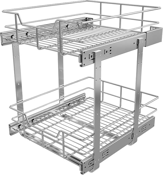 2 Tier Pull Out Cabinet Organizer 15" W X 17" D, Slide Out Drawers for Kitchen Cabinets, Pull Out Drawers for Cabinets Capacity Heavy Duty Caddy, Cabinet Pullout Shelves Chrome-Plated,Bathroom Pantry