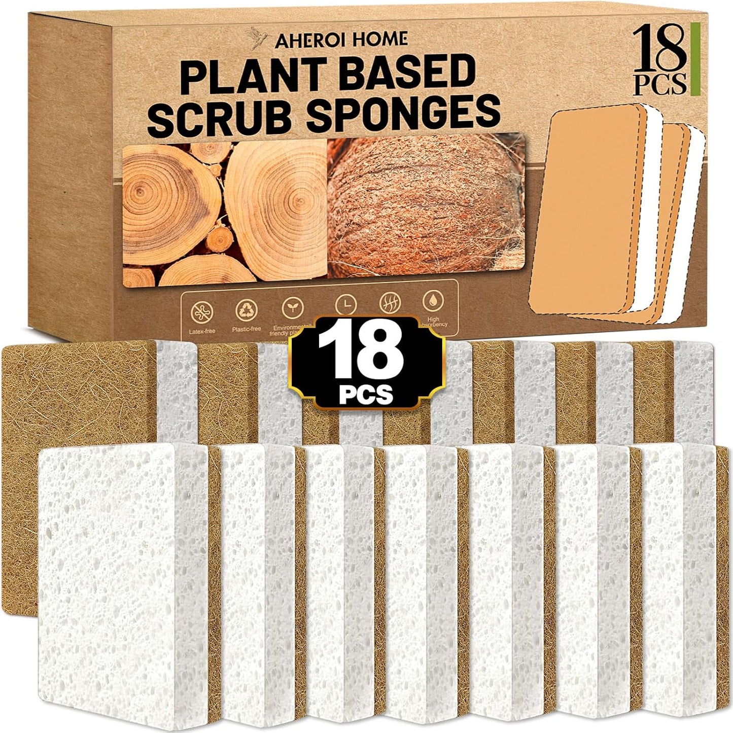 Aheroi Natural Dish Sponge, 18 Count Plant-Based Biodegradable Kitchen Sponges for Dishes, Compostable Eco Friendly Sponges, Organic Cleaning Sponge Dish Scrubber Products for Household, Non Scratch