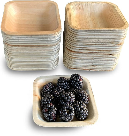 Raj Disposable Palm Leaf Bowls (50 Count, 4" Square Bowls) Strong Bowl Like Bamboo Party Bowl - Decorative Compostable Tableware for Lunch, Dinner, Birthday, Outdoor, BBQ, Picnic.