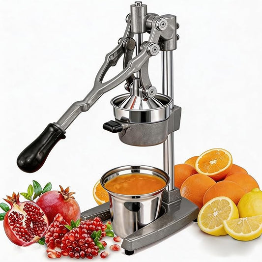 19 Inch Height Extra Tall Commercial Heavy Duty Cast Iron Hand Press Manual Orange Citrus Lemon Lime Grapefruit Pomegranate Fruit Juice Squeezer Machine with Stainless Steel Cup Grey