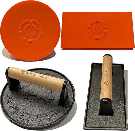 Cast Iron 7" & 8.5" X 4.3" Smash Burger Press, Heavy Duty Burger Smasher with Wooden Handle and Silicone Protective Cover for Griddle,Grill Press for Hamburger, Bacon, Barbecue Grilling Tool