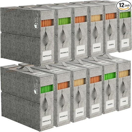 12Pack Sheet Organizers and Storage - King/Queen Size Sheet Storage Organizer with Window, Foldable & Dustproof Sheet Organizer for Linen Closet for Summer Blankets & Sheet Sets,Grey
