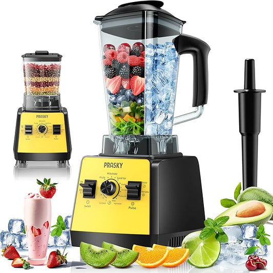 Blenders for Kitchen, Smoothie Blender, 2400W/1000W Prasky Blender & Grinder Combo, 25,000 RPM High Speed, 68oz BPA-Free Food Processor, Countertop Blender for Smoothies, Shakes & Food (Yellow, 2L)