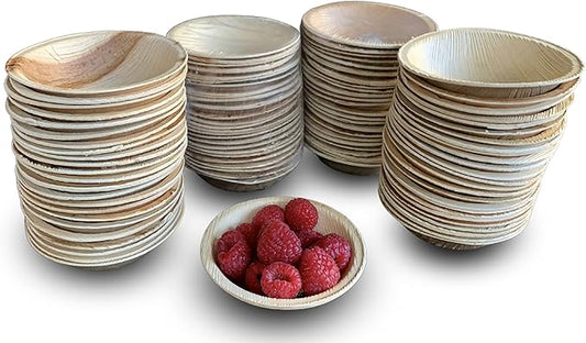 Raj Disposable Palm Leaf Bowls (100 Count, 4" Bowls) Strong Bowl Like Bamboo Party Bowl - Decorative Compostable Tableware for Lunch, Dinner, Birthday, Outdoor, BBQ, Picnic, Parties