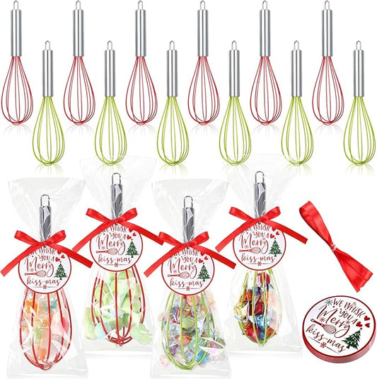 12 Sets 8 Inch Christmas Whisks Gifts DIY Fillable Christmas Tree Ornaments Xmas Colored Silicone Whisks for Cooking Heat Resistant Egg Beaters with Card Rope Bag for Candy Holder