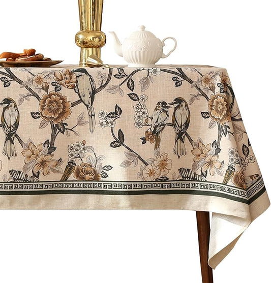 ISAENNE Designer Vintage Linen Small Table Cloth for Rectangle Table,Floral and Bird Pattern Tablecloths,Fall Wrinkle Resistant Decor Tablecloth for Dining Kitchen Party,55"*71"-Murad A