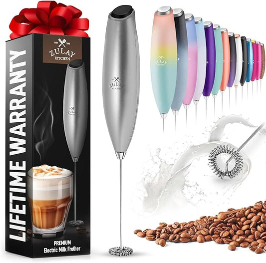 Zulay Powerful Milk Frother for Coffee with Upgraded Titanium Motor - Handheld Electric Whisk, Foamer, Mini Mixer and Coffee Blender for Latte, Matcha, No Stand - Silver/Black