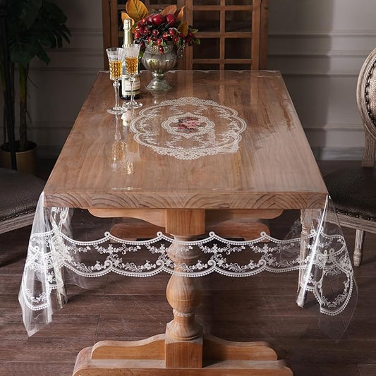 Clear Table Cover Protector Plastic Vinyl Table Cloth with White Lace Pattern Oil Spill Proof Plastic Tablecloths for Dining Tables Parties Holidays (French Lace, 60 x 104 Inches)