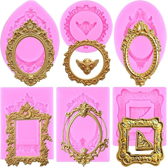 Mujiang Photo Frame Fondant Mold Picture Frames Silicone Molds Baroque Frames Mold Vintage Frame Chocolate Molds For Cake Decorating Cupcake Topper Candy Polymer Clay Gum Paste Set Of 6