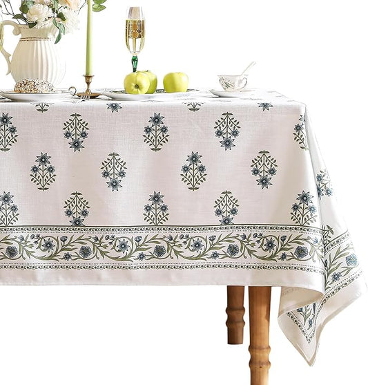 ISAENNE Designer White Linen Long Tablecloth Rectangle,Chinoiserie Floral Elegant Indoor Table Cloth,Fall Stain Proof Decor Tablecloths for Dining Thanksgiving Kitchen,63"*102"-Mosella F