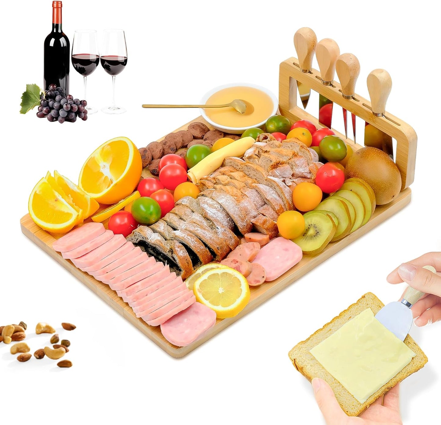 Bamboo Charcuterie Boards Cheese Board Knife Set14‘’x11‘’,House Warming Gifts for New Home Gift for Mom Couples Bridal Shower Bridesmaid Gifts (13 x 10 x 0.59 inches)