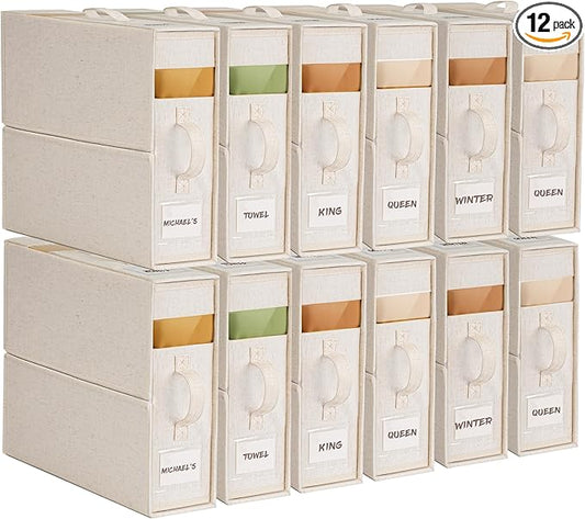 12Pack Linen Sheet Organizers for Linen Closet - King/Queen Size Bedding Storage Boxes with Clear Window | Foldable, Dustproof Sheet Storage Organizer for Blankets & Sheet Sets,Off-white