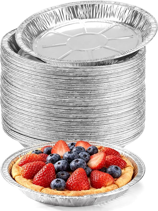 50 Pack 9 Inch Disposable Aluminum Foil Pie Pans - Curl Lip Design, Lightweight & Sturdy with Even Heat Distribution for Tarts & Pastry Crusts