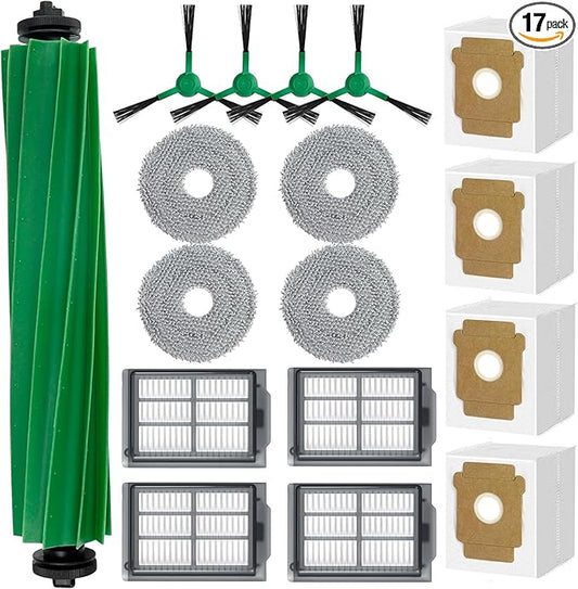 17 PCS Replacement Parts iRobot Roomba Plus 405 Combo/ 505 Combo Robot Vacuum Cleaner, Accessories Kit with 1 Main Brush, 4 Side Brushes, 4 HEPA Filters, 4 Mop Pads, 4 Dust Bags