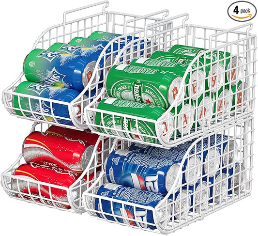 Can Storage Organizer Pantry, Stackable Kitchen Canned Food Holder With Handles, Can Organizer For Pantry Countertop Cabinet, Beverage Drink Pop Soda Can Dispenser Patent Pending (White, 4 Pack)