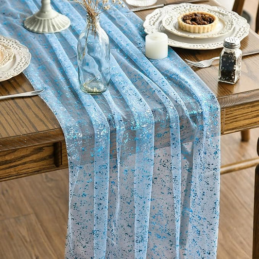 Artoid Mode 6PCS Light Blue Gauze Table Runner 120 Inch 10FT, Glitter Metallic Foil Sheer Dining Wedding Anniversary Holiday Table Decor for Home Party