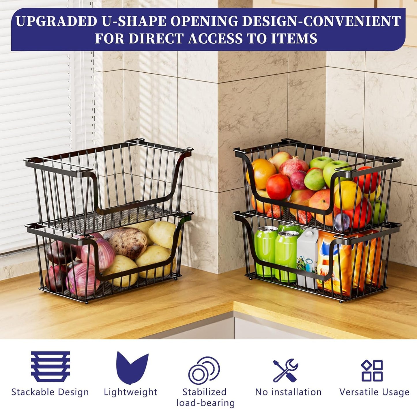 Enhanced Leak-Proof Bottom Stackable Wire Baskets, 4 Pack Pantry Organizers and Storage, pantry storage，Shelf Baskets, Fruit Basket, Potato and Onion Storage Bins，(Black)