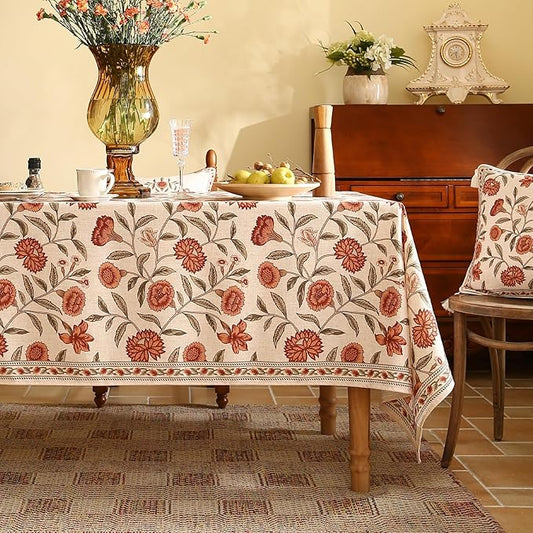 ISAENNE Designer French Table Cloth for Rectangle Table,Linen Orange Floral Pattern Indoor Tablecloth,Wrinkle Resistant Decor Table Cloth for Dining Thanksgiving Kitchen,55"*79"-Alvarado D