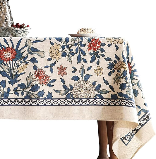 patdrea Designer Blue Tablecloth for Rectangle Table,Vintage Linen with Leaves and Floral Pattern Tablecloths,Farmhouse Decor Cover for Kitchen Dining Christmas,Thanksgiving,63"x87"-Ivar a