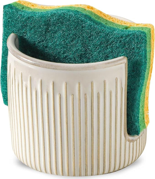 Ceramic Sponge Holder for Kitchen Sink, Scrub Sponge Dish Rack, Farmhouse Compact Sink Caddy Organizer, Glazed White