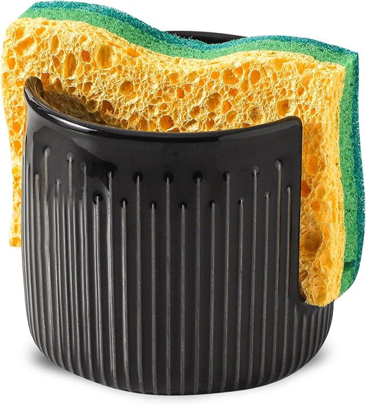 Ceramic Sponge Holder for Kitchen Sink, Scrub Sponge Dish Rack, Farmhouse Compact Sink Caddy Organizer, Black