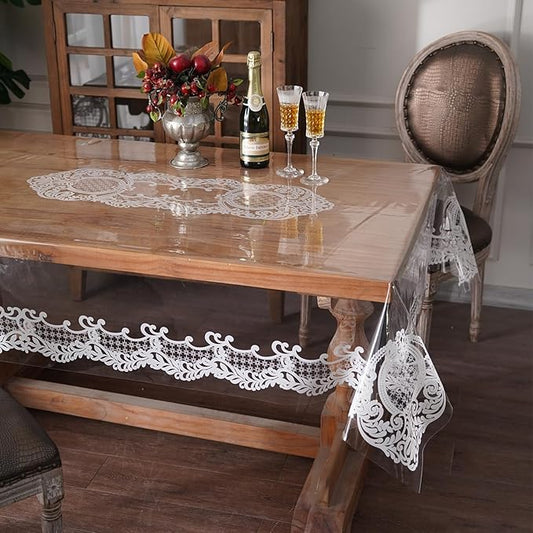 Rectangle Waterproof Clear Table Cover Protector Vinyl Table Cloth Oil Spill Proof Wipe Clean Lace Plastic Tablecloths for Dining Tables (White, 60 x 84 Inches)