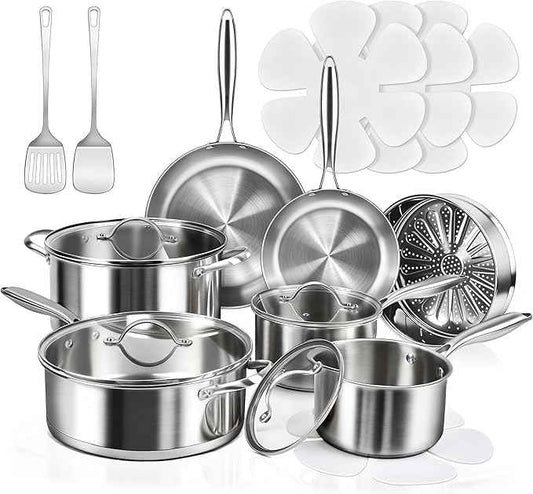 16-Piece Pots and Pans Set, Tri-Ply Stainless Steel Cookware Set with Lids, Non-toxic Kitchen Cooking Set, Dishwasher-Friendly, Induction-Ready, Even Heating, Heavy Duty, Compatible with All Cooktops