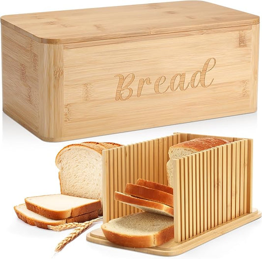 Bread Box with Bread Slicer Storage Container for Kitchen Countertop Food Storage with Multifunction Bamboo Lid, 3 in 1 Breadbox Removable Cut Board for Loaf Slicing (Wood Color,Wooden, Bamboo)