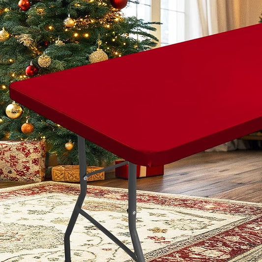 homing Rectangle Table Cloth Cover, Waterproof Polyester Elastic Fitted Tablecloth, Fits for 4 Foot Folding Tables, Washable Table Protector for Christmas, Holiday, Party (Red, 24" x 48")