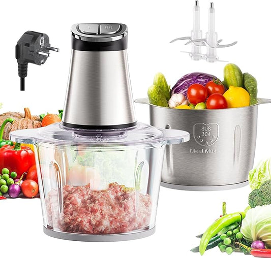220V EU Plug 3L Dual Bowl Food Prep Processor with 2 Blades, 2-Speed Settings & Digital Display – Quiet Kitchen Appliance