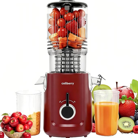 Cold Press Juicer Machines, 5.3” Large Feed Chute Slow Masticating Juicer for Whole Fruits & Vegetables, Easy Clean, 300W Quiet Juice Extractor, 99% High Juice Yield, Red