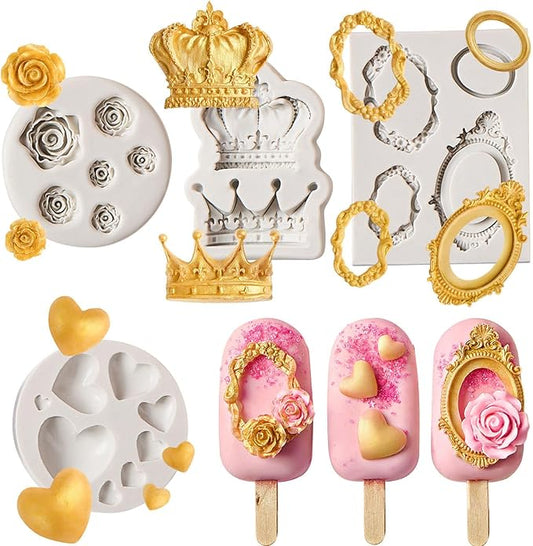 JOERSH 4PCS Vintage Baroque Mold Set, Silicone Frame Fondant Molds Royal Crown Rose Heart Mold for Cupcake Decorating, Cake Pop, Chocolate, Candy Craft, Dessert Decor
