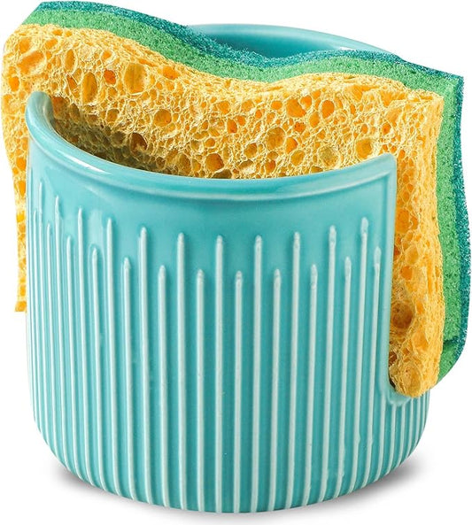 Ceramic Sponge Holder for Kitchen Sink, Scrub Sponge Dish Rack, Farmhouse Compact Sink Caddy Organizer, Turquoise