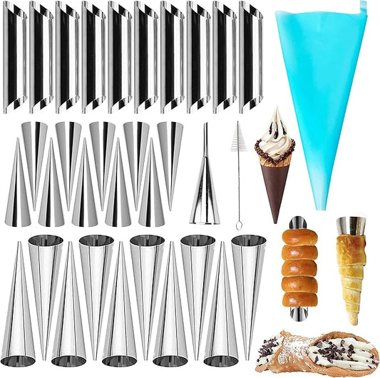 33 Pack Cannoli Forms Tube Set, 10 Cannoli Forms, 10 Large Hones Form Mould 10 Small Croissant Moulds, Brush, Reusable Icing Bag and Long Frosting Tip for Puff Pastry