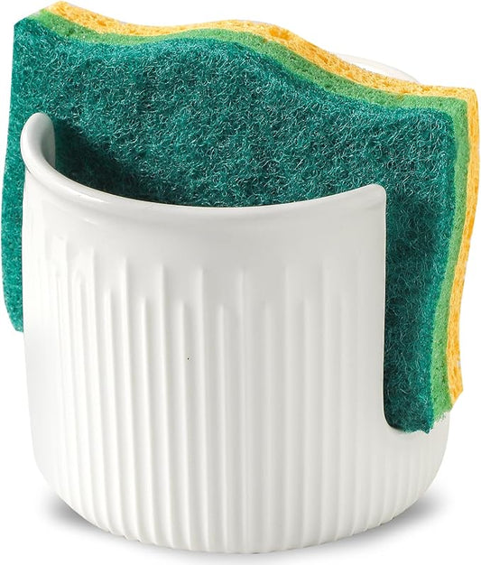 Ceramic Sponge Holder for Kitchen Sink, Scrub Sponge Dish Rack, Farmhouse Compact Sink Caddy Organizer, Classic White