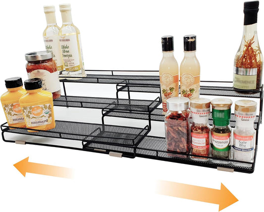 3 Tier Wide Expandable Cabinet Spice Rack Organizer (14.5" to 29.1") - Step Shelf with Protection Railing, Black