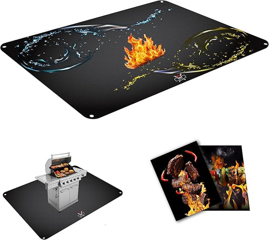 Grill Mat Set – 60"x40" Under Grill Mat for Outdoor Grill + 2 BBQ Cooking Mats, Heat-Resistant Silicone, Includes Stakes & Bag – Use on All Surfaces