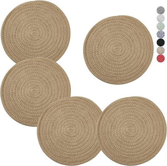 Trivets for Hot Dishes, Pots and Pans, 8 Inches Hot Pads 5 Pcs, Pot Holders for Kitchen, Heat Resistant Mat Protect Counter, Coasters Set Home Essentials Farmhouse Decor (Khaki)