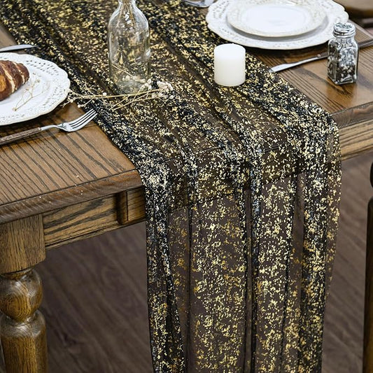 Artoid Mode 6Pcs Black Gold Gauze Table Runner 120 Inch 10FT, Glitter Metallic Foil Sheer Dining Wedding Anniversary Holiday Birthday Table Decor for Home Party