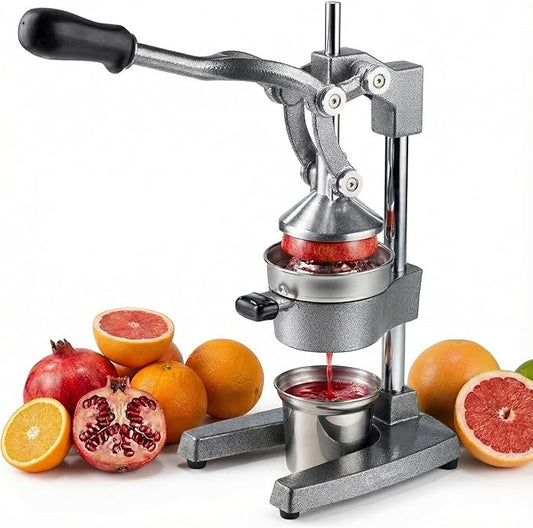 Cast Iron Citrus Juicer - 13.8LB Heavy Duty Manual Orange Press, 304 Stainless Steel Cup & Strainer, Professional Lemon Grapefruit Pomegranate Squeezer for Home Bar Kitchen, Grey