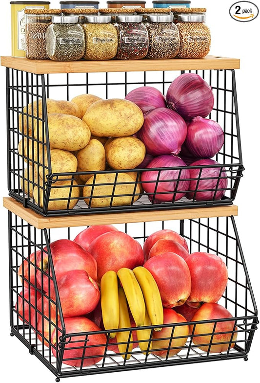 2 Set Stackable Wire Basket with Wooden Tops & Pad for kitchen organizers and storage, XXL Kitchen Counter Organizer for Fruit, Vegetable, Bread, Potato and Onion Storage Bin